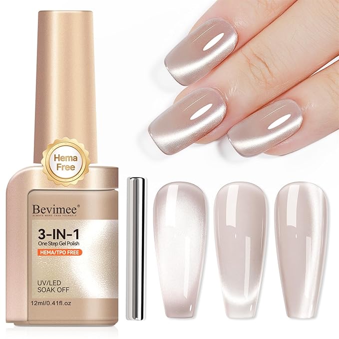 Cat Eye Gel Nail Polish，3 In 1 Step Nude Cateye Gel Polish with Magnet, Magnetic Shimmer HEMA Free TPO Free Long Lasting Soak Off UV DIY Nail Art 12ml