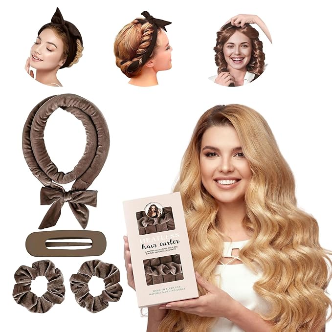 Heatless Curls Overnight Headbands for Women, Heatless Curlers Set with Scrunchies and Clip, Hair Rollers for Women to Sleep in, Soft Velvet Heatless Hair Curler for Long Hair, No Heat Damage (Brown)