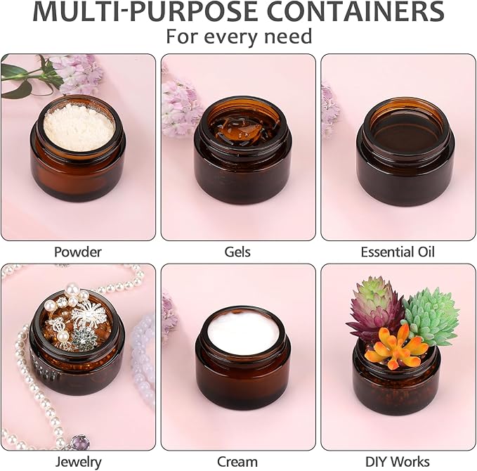 Accmor 1 OZ Glass Jars with Lids, 4 Pack Amber Makeup Sample Container with Inner Liners & Spatulas, Leak Proof Round Travel Cosmetic Storage for DIY Making Lotions, Creams, Body Scrub, Bath Salts