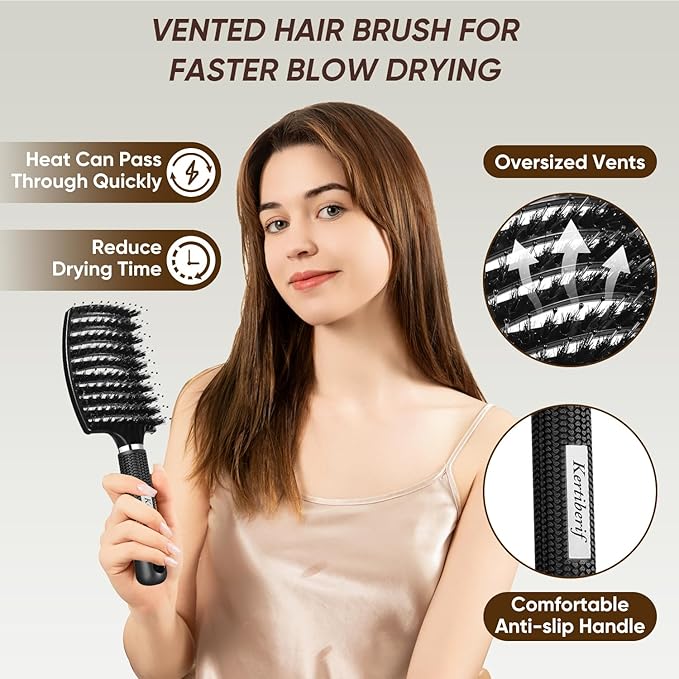 Boar Bristle Hair Brush 2PCS, Curved Vented Detangling Brush for Wet and Dry Hair, Styling Paddle Hairbrush for Women Men Kids Curly Straight Thick Long or Short Hair