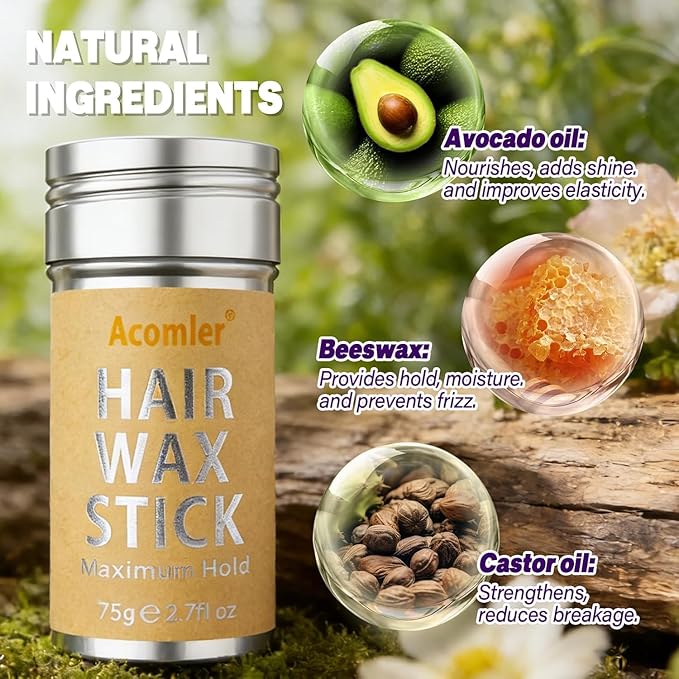Hair Wax Stick & Slick Back Brush Set for Flyaways, Edge Control Wax Stick for Hair with Boar Bristle Brush for Women, Kids, Dancers,Frizz Tamer Pomade Balm Gel Stick for Clean Girl Sleek Ponytail Bun