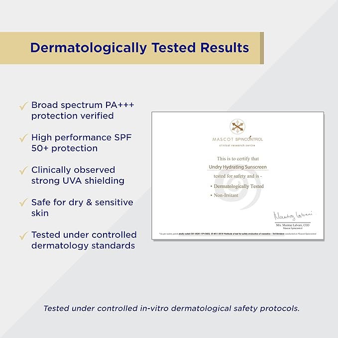 Undry Hydrating Sunscreen for Dry Skin Lightweight, Photostable Sunscreen SPF 50 Broad Spectrum Sun Screen Protector SPF 50 Sunscreen Sun Cream with HA & Ceramide (50gm/1.7 Oz)