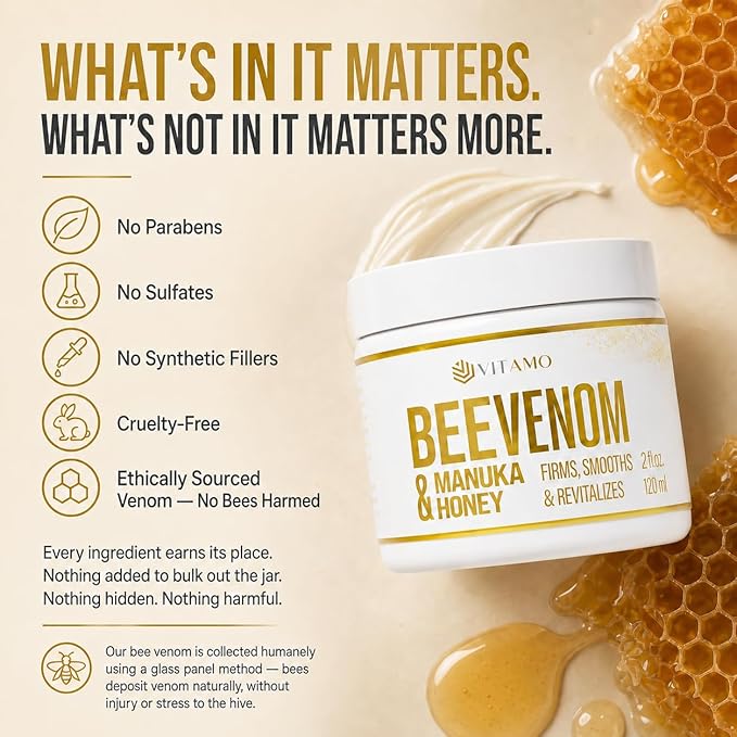 Vitamo Bee Venom Skin Treatment Cream | Face & Neck Wrinkle Moisturizer That Firms & Tightens | Made In USA | Hydrating Skin Restoration with Smoothing Effect | Instant Face Lift Cream, 2oz