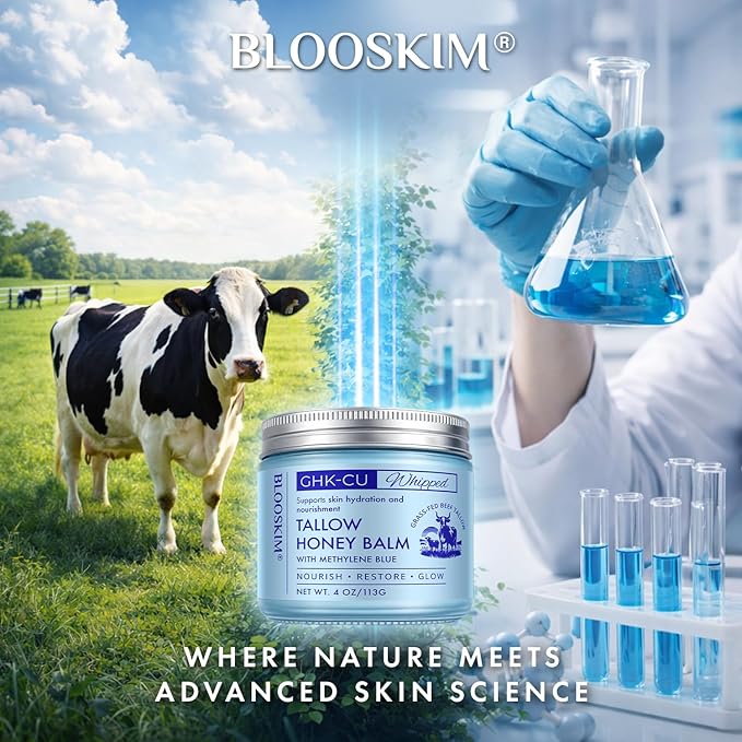 Copper Peptide GHK-Cu Beef Tallow: Grass-Fed Blue Balm for Mature Skin - Face and Body Moisturizer with Methylene Blue, Manuka Honey & Vitamin E – Natural Skincare for Dry & Sensitive Skin – 4 oz
