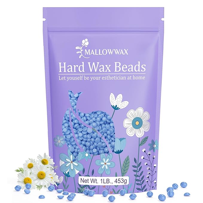 Mallowwax Hard Wax Beads, 1lb Blue Stripless Wax For All Skin Types, Brazilian Wax Beads For Bikini Wax, Face, Eyebrows, Underarms, Legs, Full Body Hair Rmoval For Women and Men