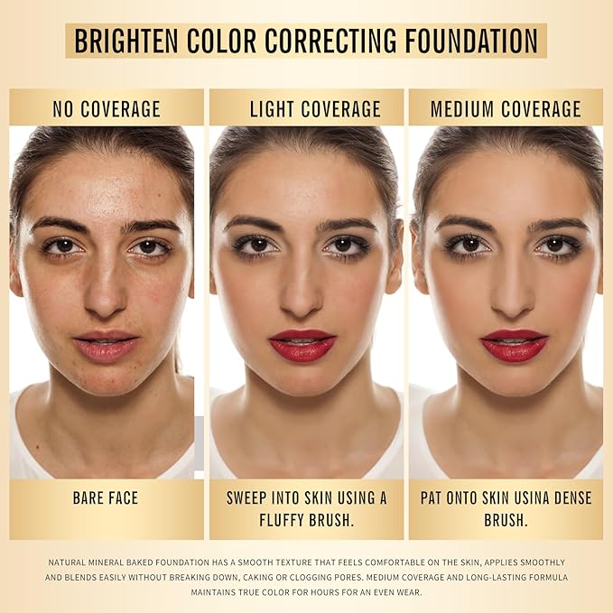 KIMUSE Baked Foundation, Brighten Color Correcting Powder Foundation, Lighting Glow Baked Foundation for Mature Skin, Buildable Coverage, Radiant Natural Finish