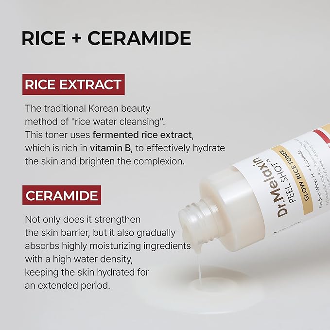 Dr.Melaxin Peel Shot Glow Rice Toner with Rice Extract & Ceramides, Hydrating & Skin Refining Face Toner for Glass Skin, Liposome Oil for Deep Moisture & Barrier Care, Korean Skincare, 6.76 fl.oz