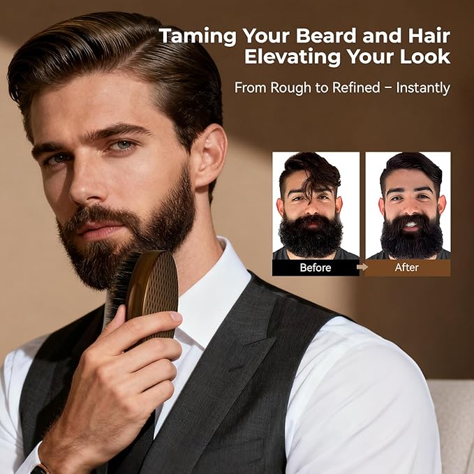 Bituemly Beard Brush for Men, Travel Pocket Mustache Brushes Grooming Kit with Natural Boar Bristle and Sapele Wood, Folding Scissors & Pouch, Facial Hair Brush Detangles & Shine, Stocking Stuffers