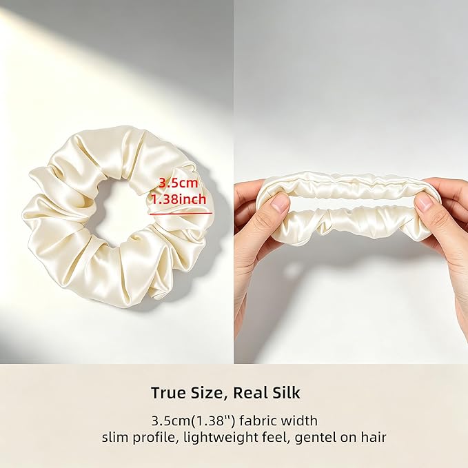 ZLYC 100% Mulberry Silk Scrunchie 19 Momme Gentle Creaseless Hair Tie for Women Dent-Free Ponytail Holder, 3.5cm Solid Cream White