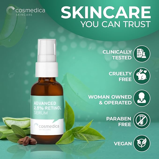 Cosmedica Skincare Retinol Serum 2.5% for Face | Anti-Aging Vitamin A Serum with Hyaluronic Acid, Green Tea & Vitamin E | Reduces Wrinkles, Acne Scars & Dark Spots | Gentle for Sensitive Skin | 1 oz
