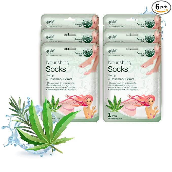 Epielle Nourishing Foot Mask 6 Pairs, Repair and Soften with Hemp & Rosemary Extract, Deep Moisturizing Socks for Dry, Cracked Feet, Self Care Gifts for Women, Spa Kit, Mothers Day Gifts