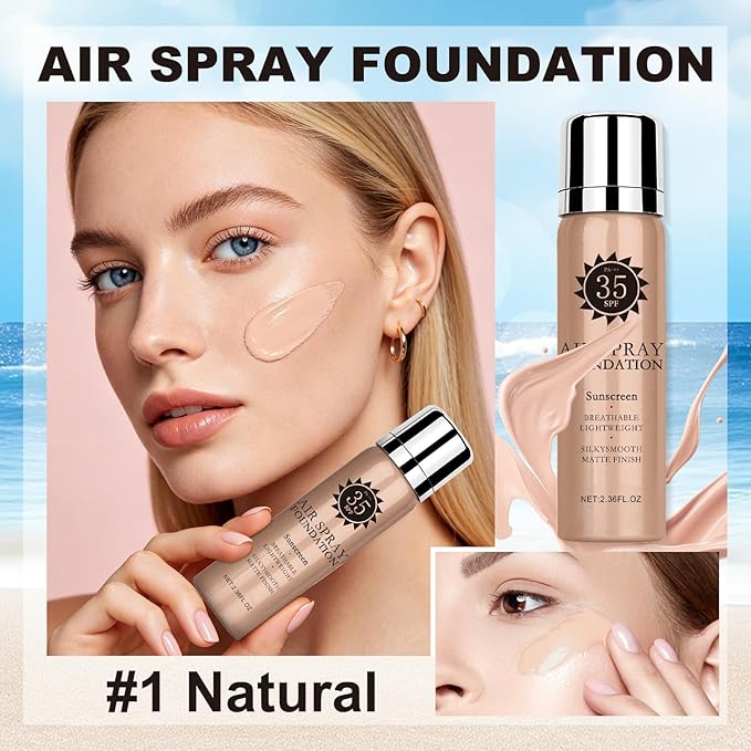 AirBrush Foundation Spray With Primer and Brush, Silky Mist Foundation Spray Makeup, Full Coverage Foundation for Smooth Radiant Finish, Formula Breathable Lightweight Hydrating (#1 Sunscreen Natural)