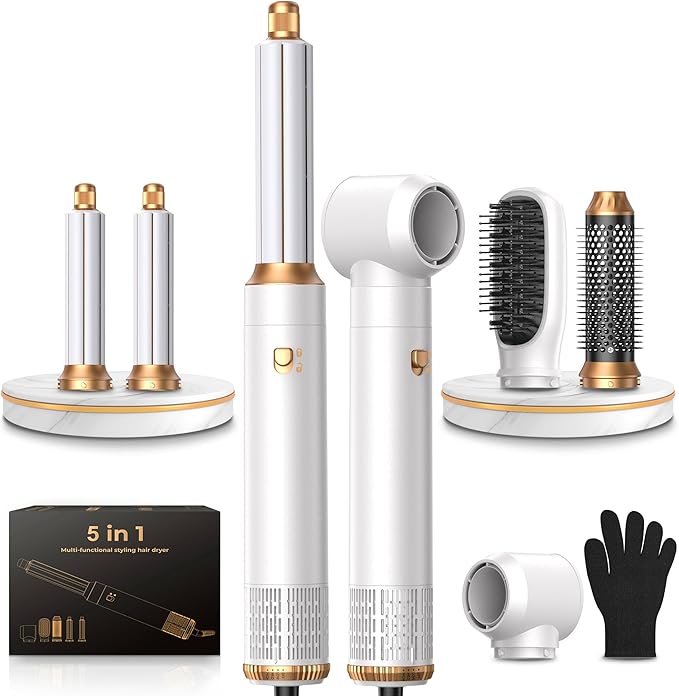 Blow Dryer Brush Set 5 in 1, Hot Air Styler Negative Ion Air Curling Wrap Air Curler Low Heat Hair Care, Round Brush Blow Dryer Hair Styling Tools Gift for Dry,Volumize,Straight,Curl, 110-120V