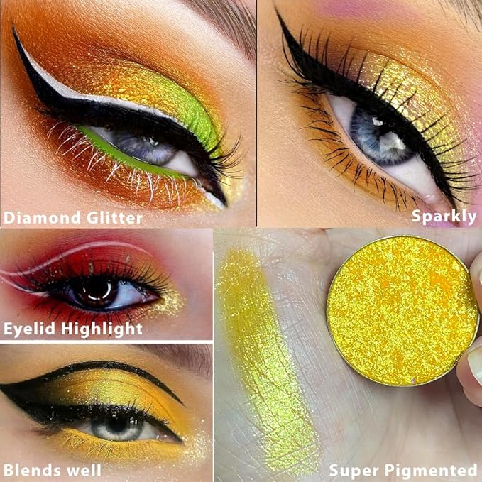 Afflano Yellow Glitter Eyeshadow Makeup, Single Diamond Gold Shimmery Eyeshadows, Super Pigmented Sunset Gold Glitter Yellow Eyeshadow One Swipe, Vibrant Metallic Eye Shadow Sparkly Eyelid Highlighter