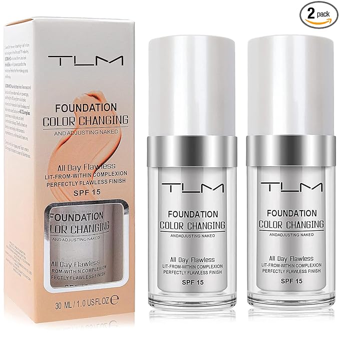 2 PACK TLM Color Changing Foundation Liquid Base,TLM Concealer Cover Cream,All Day Flawless Warm Skin Tone BB Cream Makeup Base Concealer for All Skin SPF15