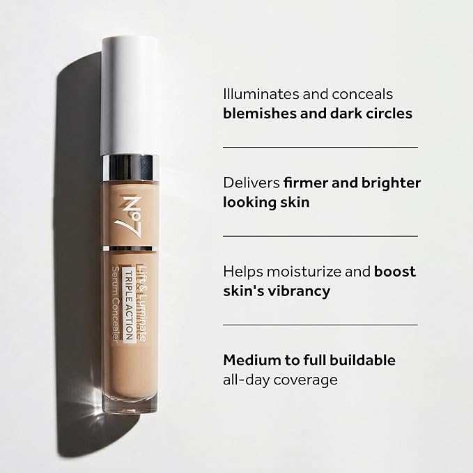 No7 Lift & Luminate Triple Action Serum Concealer - Fair - Anti Aging Liquid Concealer Makeup for Blemishes & Dark Circles - Medium to Full Coverage Concealer for Face (8ml)