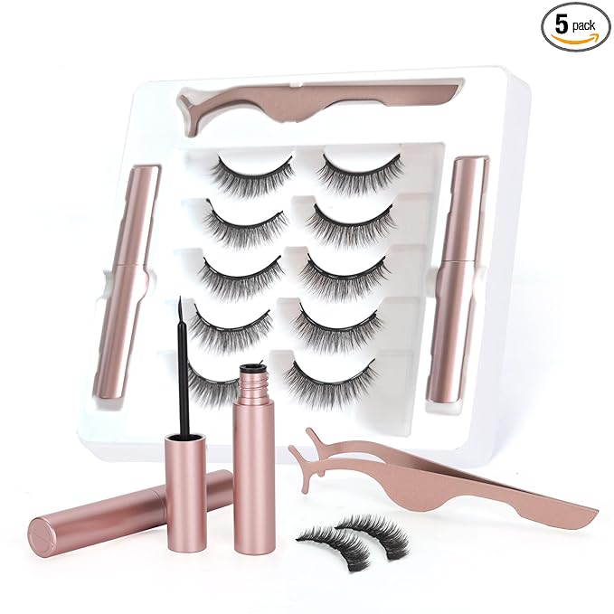 Magnetic eyelashes with eyeliner (5 pairs), is simple and convenient to wear, can be reused, glue-free, and can be used longer with 2 eyeliners (natural styles)