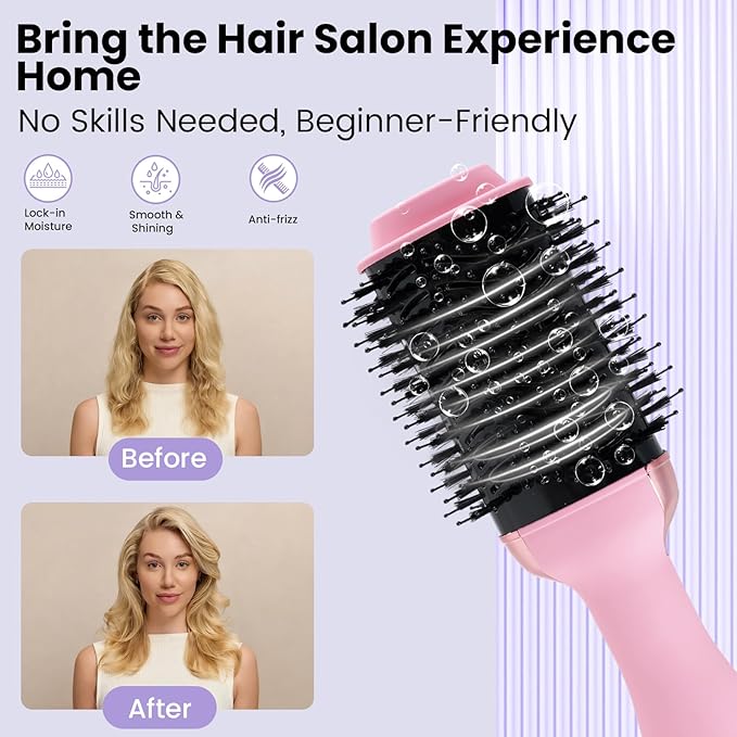 4-in-1 Hair Dryer Brush, Ionic Ceramic Titanium Hot Air Styler with ALCI Safety Plug, 3 Heat Settings for Frizz-Free Blowouts, Salon Volumizer and Straightener (Pink)