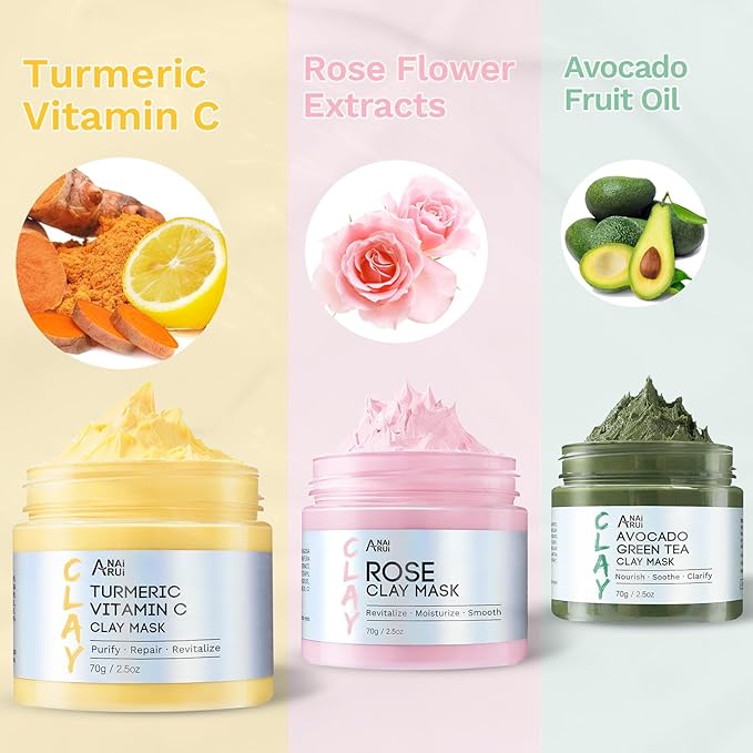 ANAI RUI 3 Pack Clay Mask Set Turmeric Vitamin C Clay Mask -Rose Facial Mask -Avocado Green Tea Mud Mask Smoothing, Hydration & Glow,Spa Gift Set, Self Care for Women Teens 2.5 oz Each