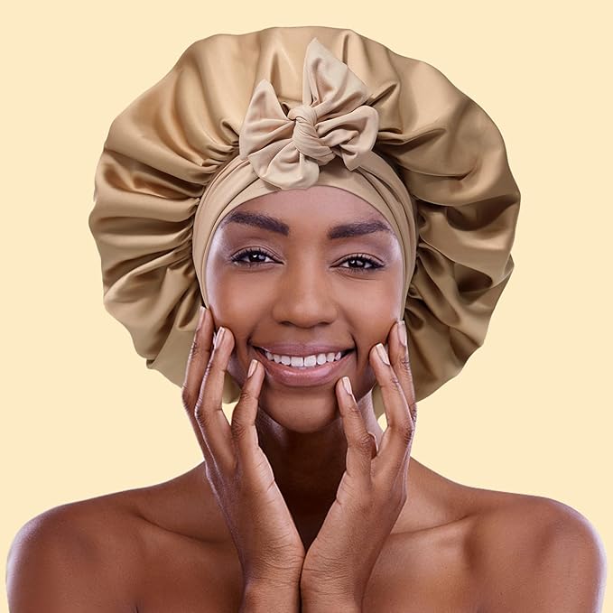 Satin Bonnet with 3PCS Hair Scrunchies for Women Tie Band Hair Bonnet Large 2 Layered Silk Sleeping Cap Nightcap for Sleeping (Coffee(Bonus 3 Hair Scrunchies))