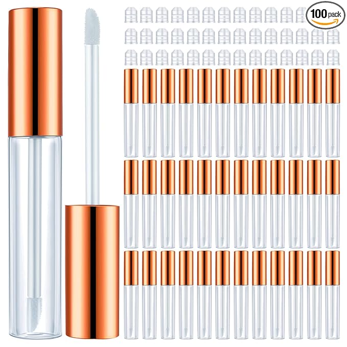 Nuanchu 100 Pcs 10 ml Lip Gloss Tubes Bulk Empty Plastic Lip Gloss Containers Clear Tubes Refillable Balm with Wand and Rubber Inserts Containers Bottles for DIY Makeup Travel (Rose Gold)