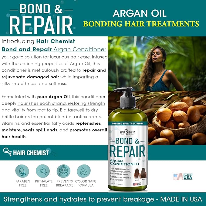 Hair Chemist Bond & Repair Bonding Hair Treatment Argan Conditioner for Damaged Hair 33.8 oz. | Bonding Conditioner for Damaged Hair | Repairing Hair Bond Conditioner | Color Safe & Paraben Free