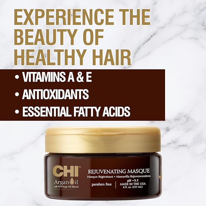 CHI Argan Oil Rejuvenating Masque, Replenishes Hair Moisture & Helps Protect Against Damage, Sulfate, Paraben, & Cruelty-Free, 8 Oz