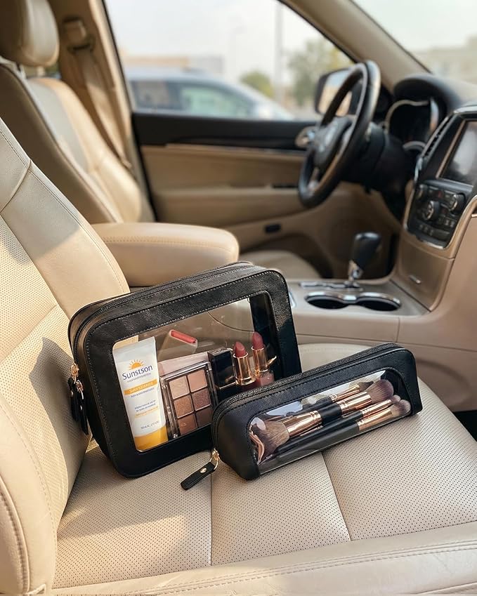 Clear Makeup Bag Set - Travel Toiletry Organizer for Women, Waterproof Cosmetic Pouch & Car Accessories for Women Men Travel Toiletry Bag Skincare Pouch with Golden Zipper (2Pack-Standard&Slim, Black)