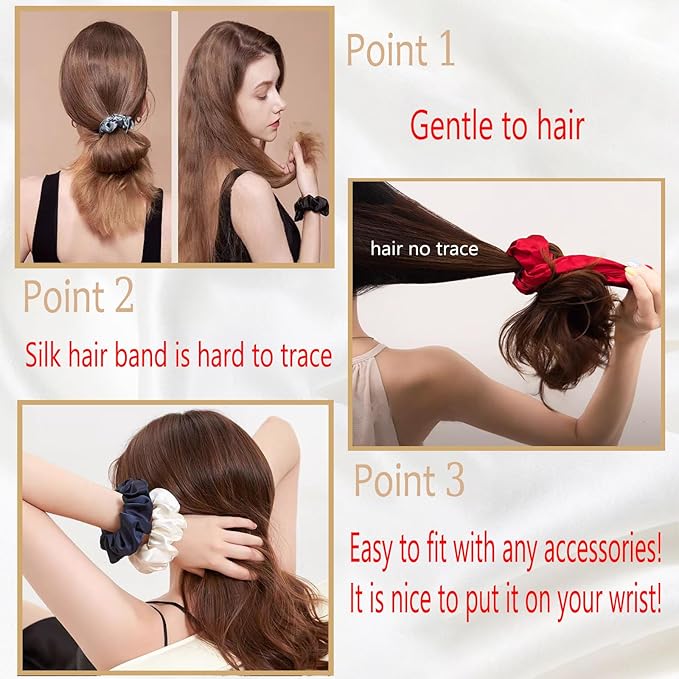 100% Pure Mulberry Silk Hair Scrunchies, 16 Momme Silk Scrunchies, Silk Hair Ties for Women Girls Curly Thick Thin Hair, Black Satin Sleep (4, 07 green)