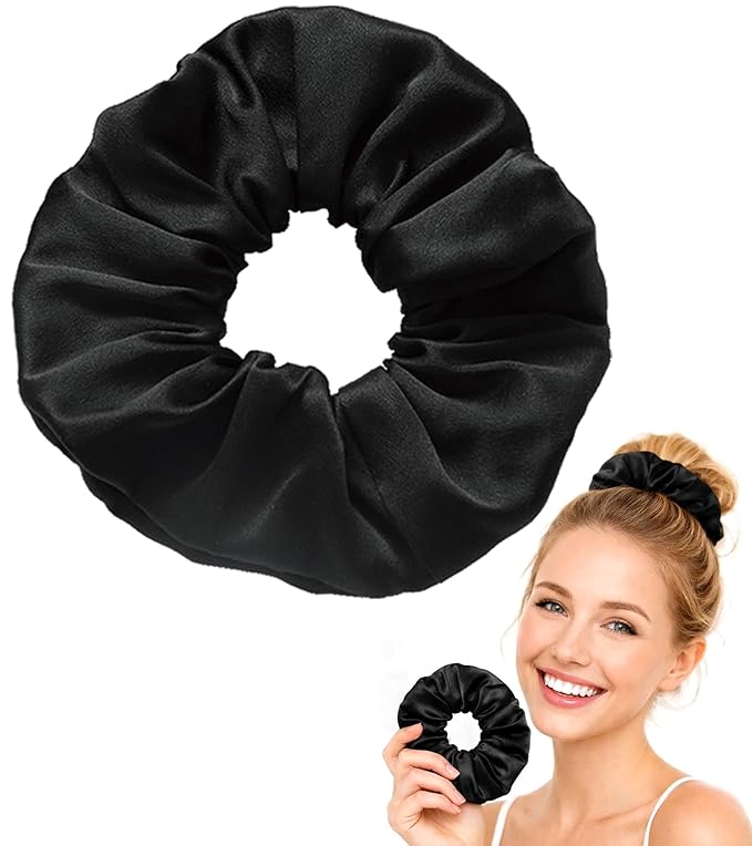 30 Momme 100% Mulberry Silk Scrunchies for Women and Girls, Oversized XL Hair Tie for Sleeping, Soft Smooth for No Damage Hair Care Sleeping (Black)