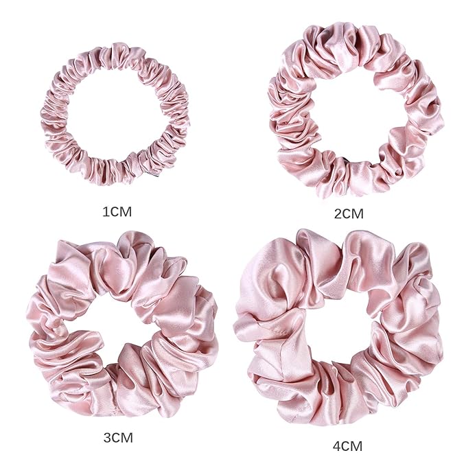 MTSNOO 100% Pure 22 Momme Mulberry Silk Scrunchies for Hair & Sleep, 4 Pack, for Women & Girls, Rosy Pink