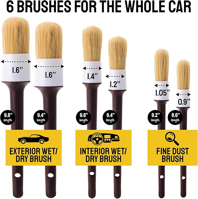 Car Detailing Brush Set 6-Pack - Soft Boar Hair Interior & Exterior Detailing Kit - Car Interior Cleaning Brushes for Leather, Piano Black Trim, Dashboards, Wheels and Engine Bay - Detail Dudes