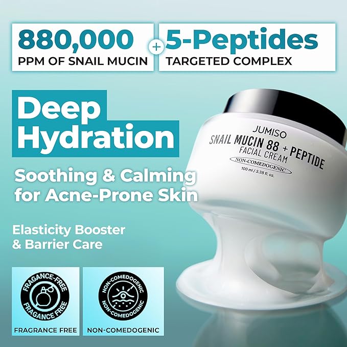 JUMISO Snail Mucin 88% + Peptide Cream – K-Beauty Gel Moisturizer, 5-Peptide Complex & Hyaluronic Acid, Lightweight Non-Sticky, Hydrating & Barrier-Comforting, Non-Comedogenic Tested, 3.38 oz
