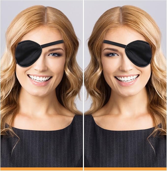 eZAKKA 2 Pieces Silk Eye Patch Medical Eye Patch for Adult Women Elastic Lazy Adjustable Single Eyepatch with Elastic Strap (L, Black+Black)
