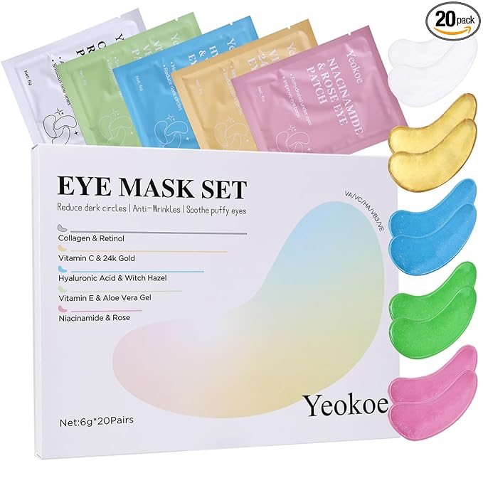 Yeokoe Under Eye Patches for Dark Circles,Eye Mask for Puffy Eyes With Collagen,Retinol,Vitmin C,Hyaluronic Acid and Niacinamide Face Masks Skincare Spa Gifts for Woman 20Pairs