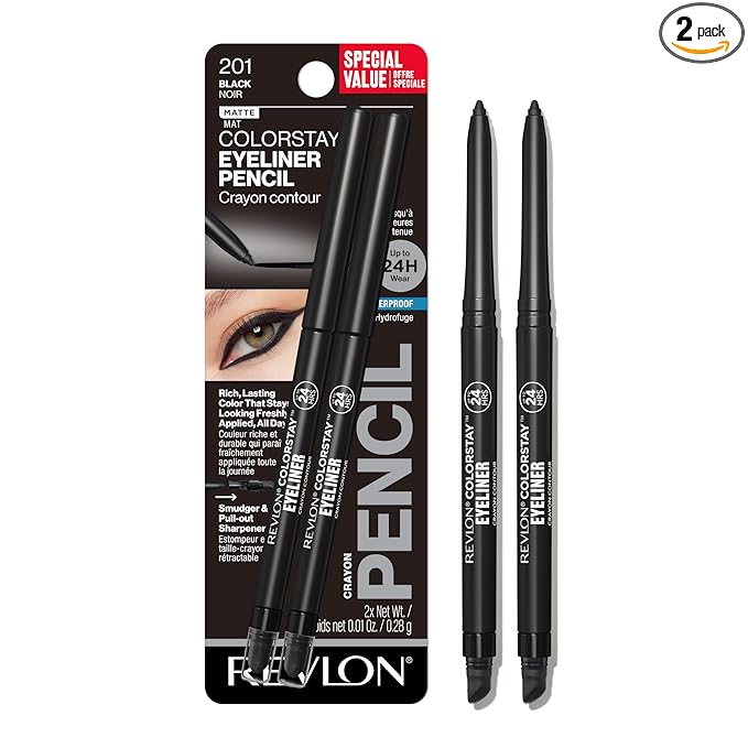 Revlon ColorStay Pencil Waterproof Eyeliner, Smudge-Proof, Eye Makeup with Built-In Sharpener, 201 Black, 2 pack