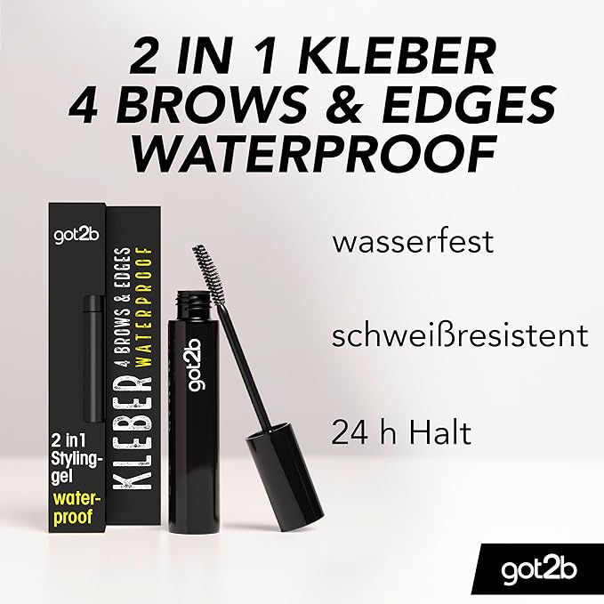 got2b Kleber 4 Brows & Edges Waterproof (16 ml), 2-in-1 Brow Gel & Hair Mascara, Sweat & Waterproof for up to 24 Hours Hold, with Practical Eyebrow Brush for Styling Hair Contours & Edges