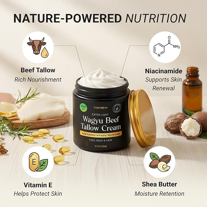 Non-Greasy Beef Tallow for Skin & Beef Tallow Lip Balm 5OZ Shea Butter, Vitamin E, Whipped Grass Fed Beef Tallow for Face Moisturizer Cream, Lotion for Women & Men, Anti-Aging Face Moisturizer