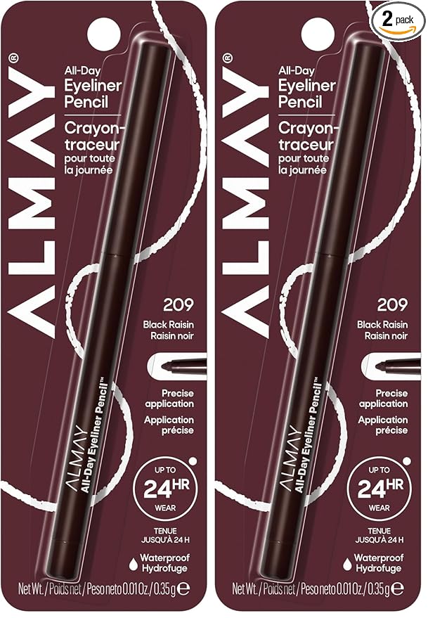 Almay All-Day Eyeliner Pencil, Hypoallergenic, Cruelty-Free,Oil-Free,Fragrance-Free,Ophthalmologist Tested,Long Wearing and Water Resistant (Packaging May Vary), 209 Black Raisin, 0.01 oz (Pack of 2)