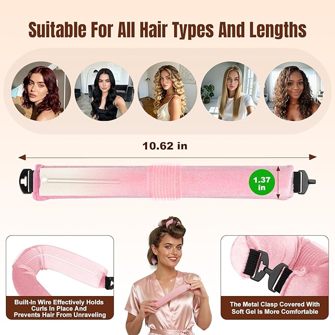 Overnight Heatless Hair Curler Satin Jumbo Flexi Overnight Curls Blowout Rods 3pcs No-Heat Styling Tools Curling Rod to Sleep in for All Hair Types - Pink