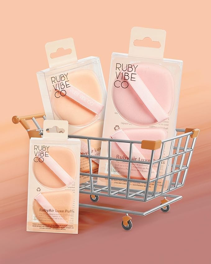 RubyAir Luxe Puffs, Set 2 Air Puffs, Round and Triangle Shapes, Latex-Free Velvet, Beige, for Foundation, Concealer, Blush, Setting Powder, Wet or Dry Use, All Skin Types | RUBY VIBE CO