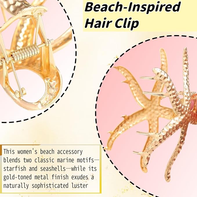 Beach Accessories for Women,2Pc Gold Seashell & Starfish Hair Clip Oversized Metal Claw Clips,Beach Hair Accessories,Summer Beach-Vibe Hair Accessories