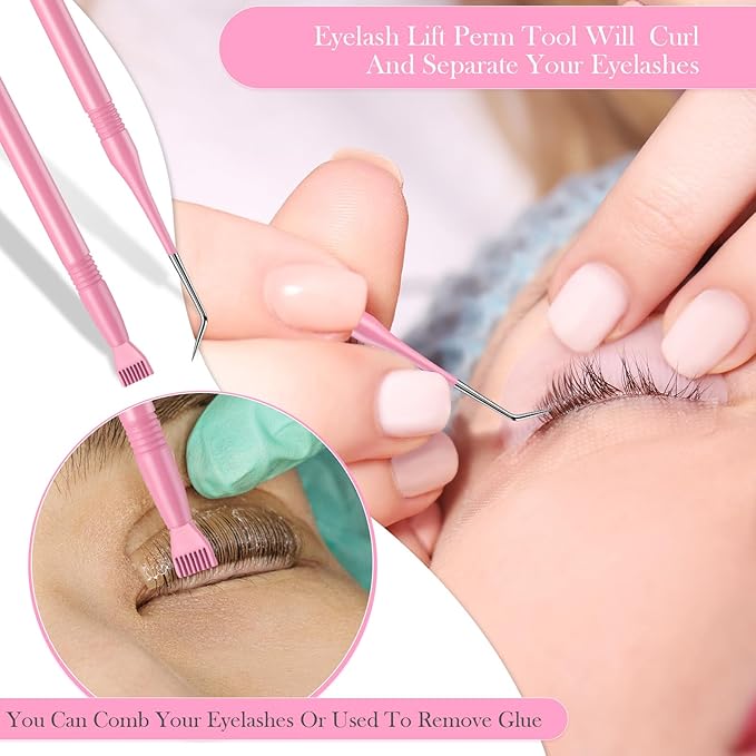 Chumia 2 Pcs Lash Lift Tool, Lash Separator Tint Stainless Steel Metal Lift Rods Beauty Tool with Comb for Eyelash Eyebrow Perming Tinting Curling Extensions Supplies (Pink)