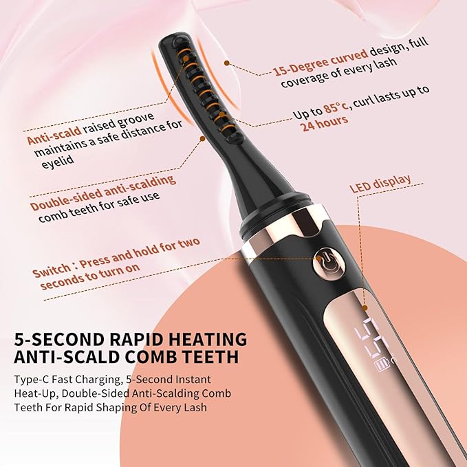 KiiNii Heated Eyelash Curler, Electric Eyelash Curler with 4 Temperature Modes, LED Display, 5S Fast Heating, Type-C Rechargeable, 24H Long-Lasting Curls | Black, L