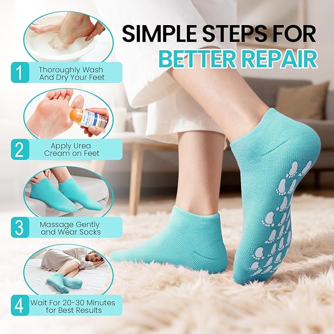 Silicone Moisturizing Socks with 60% Urea Cream- 2 in 1 Gel Socks & Urea Foot Cream for Dry Feet, Foot Care Moisturizing Socks for Dry Cracked Feet Women