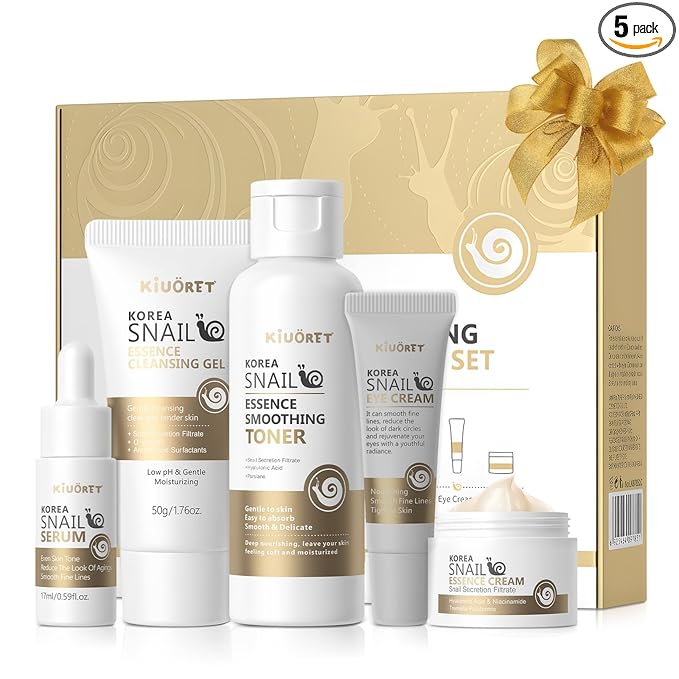 Snail Skin Care Set with Red Ginseng - 5PCS Korean Skin Care Set with Facial Cleanser, Toner, Serum, Eye Cream & Face Cream - Moisturizing and Smoothing Skin - Skincare Gifts for Women Teen Girls