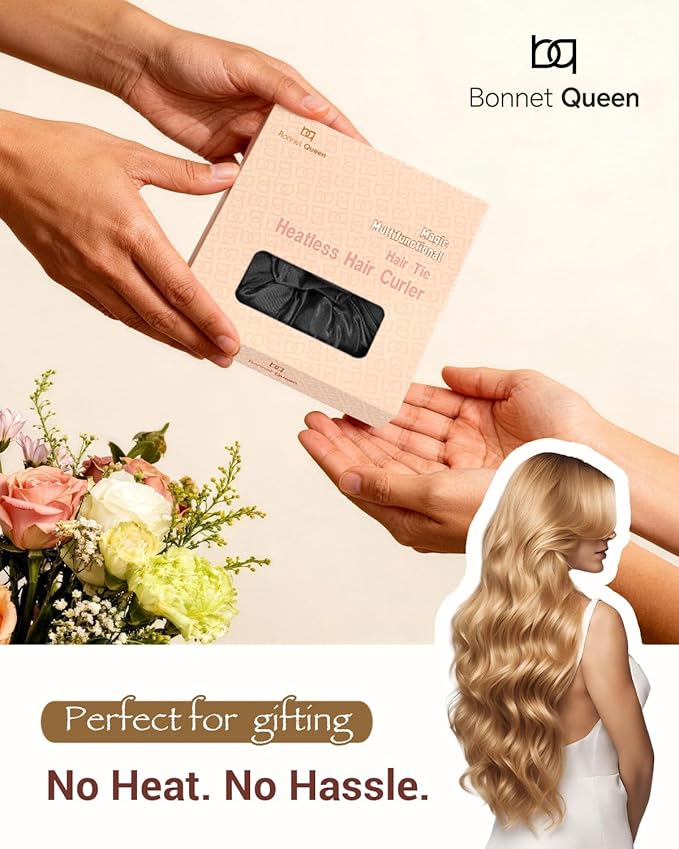 BONNET QUEEN Satin Heatless Hair Curler, Overnight Curls for Long Hair, Ultra Soft Daily Use of Hair Accessories & 2 Scrunchies, Damage-Free Styling, Soft Hair Curlers for Overnight, Black