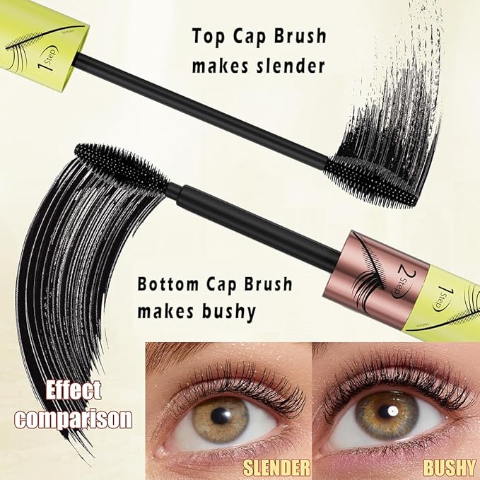 Double Effect Mascara for Older Women with Mature Eyes Thin Lashes, Magic Cap Volumizing & Defining 2-in-1 Waterproof Eyelash Makeup (Black)