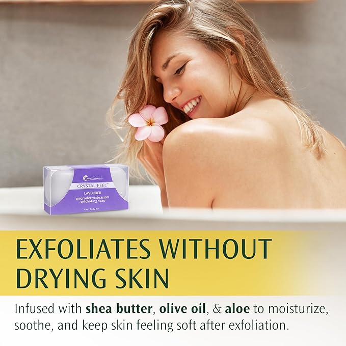 Exfoliating Bar Soap for Men & Women, Crystal Peel Luxury Microdermabrasion Hydrating & Exfoliating Body Soap Bar, Solid Magnesium Mineral Scrub for Buffing Away Dirt & Oil, Smooths Skin, Lavender 4oz