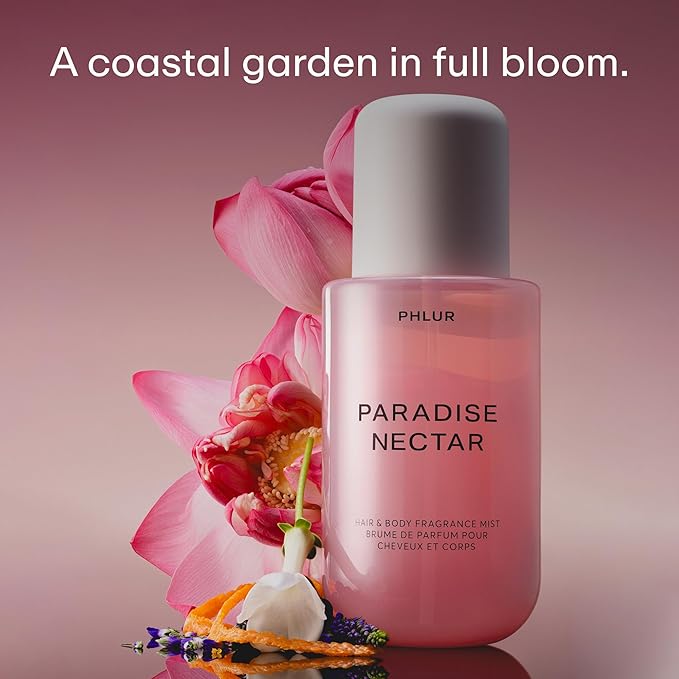 PHLUR Paradise Nectar Body Mist, 8 Fl Oz - Hair and Body Perfume, Tropical Floral Body Spray Fresh Fragrance with Black Currant, Mandarin, Lotus Flower & Amber Woods